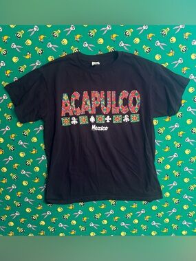 Black Short Sleeve Graphic Tee with Multicolor Acapulco Print